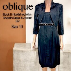 Oblique Black Embellished Waist Sheath Dress and Jacket